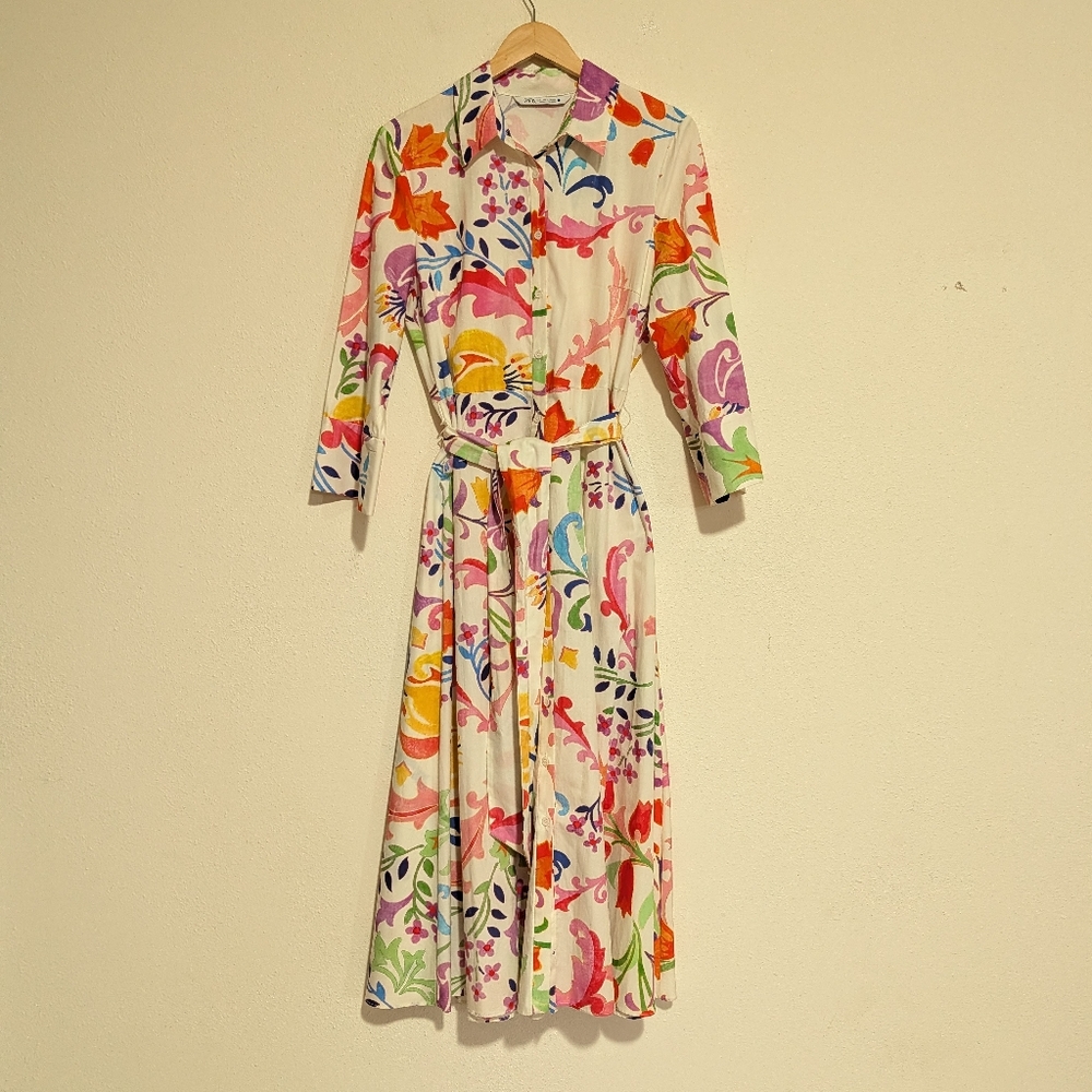 Zara Floral Midi Poplin Belted Shirt Dress Bloggers Fav. size L - Picture 2 of 7